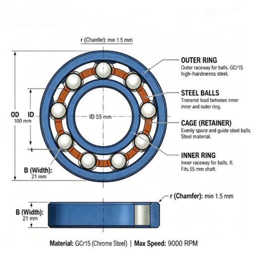 6211 bearing cutaway showing inner ring, outer ring, balls and cage